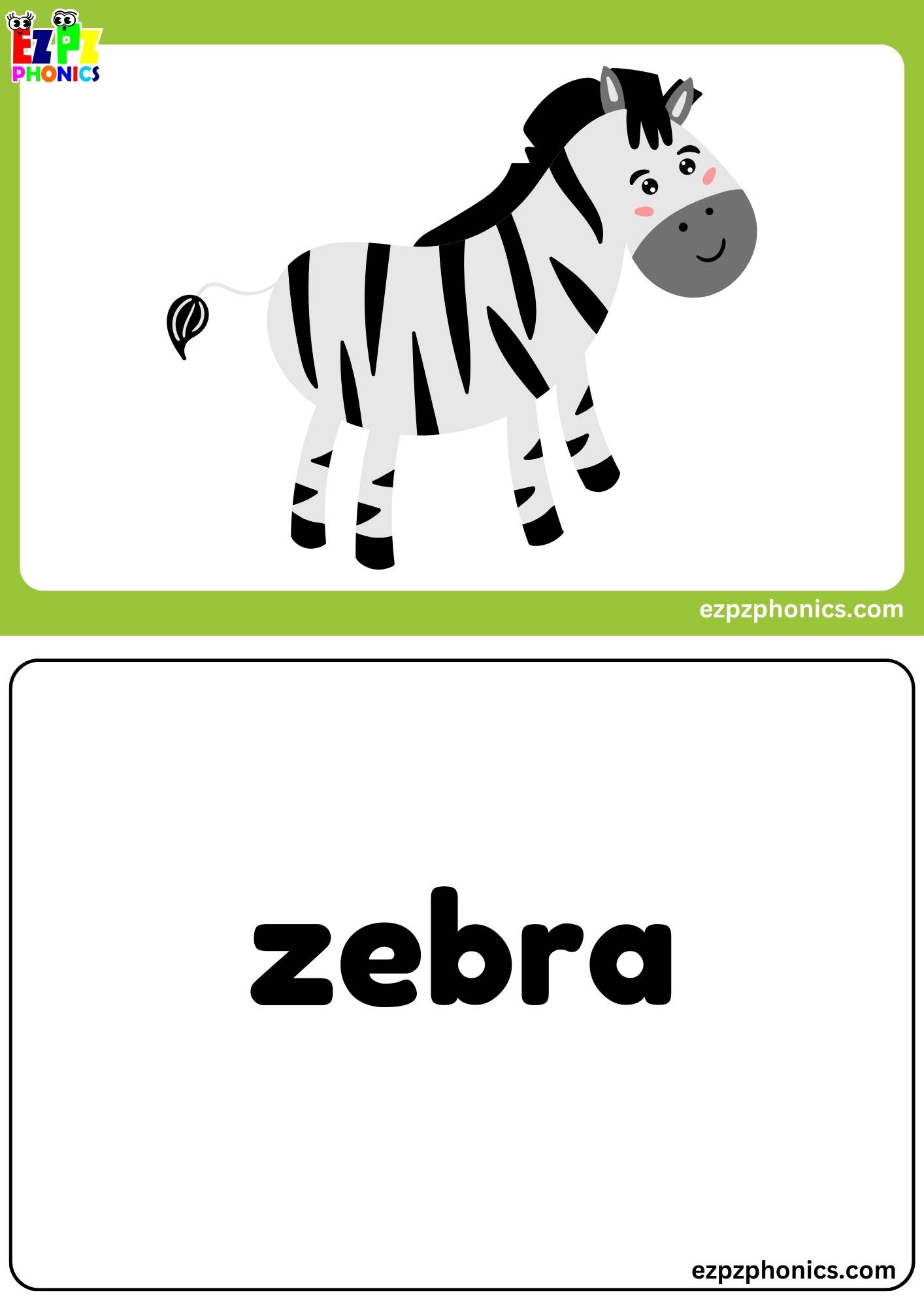 Letter Z Free Kindergarten Phonics Alphabet Letter Sounds Flashcards. Words on the Back.